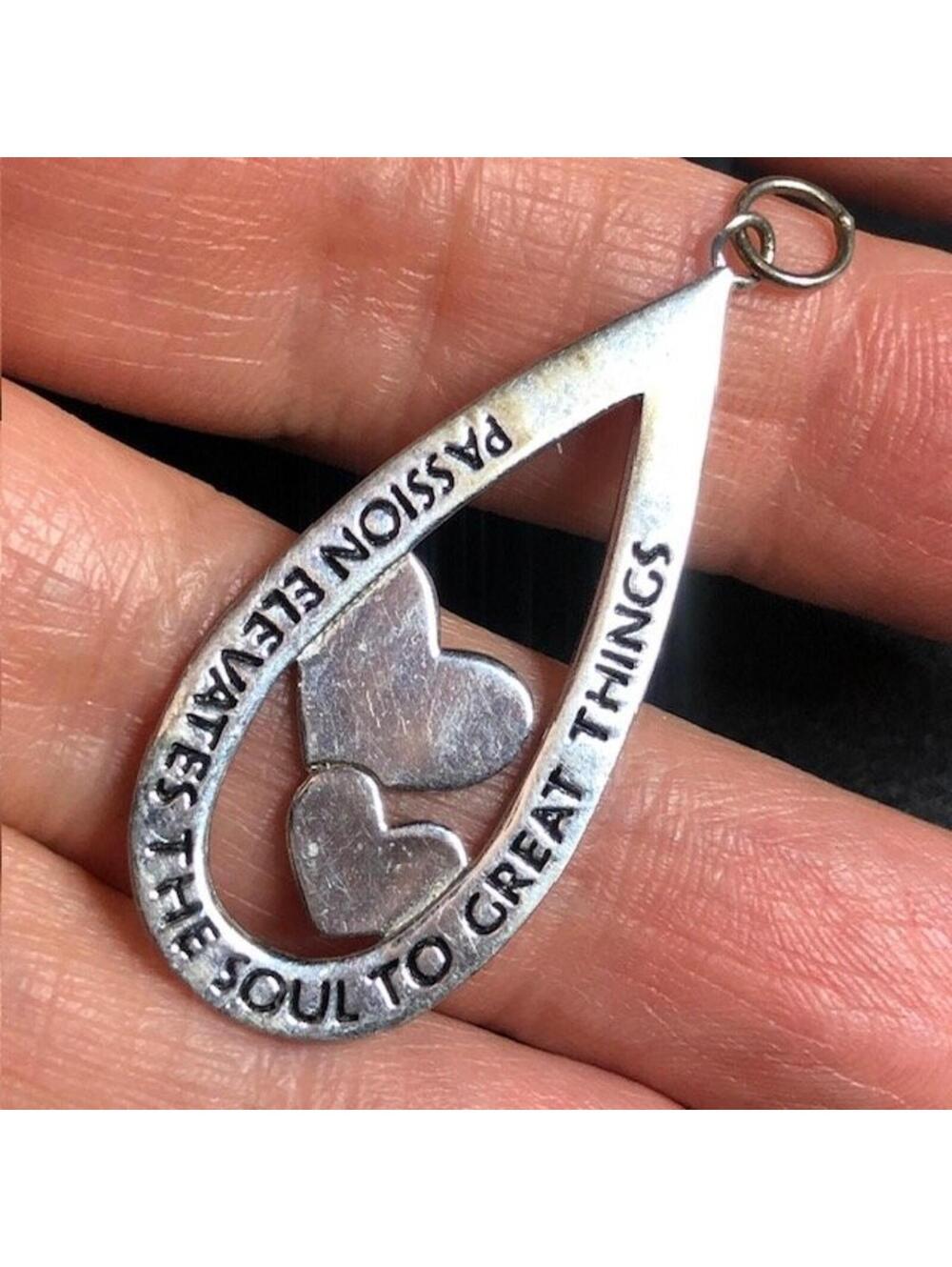 B3517 Sterling Silver NF 925 Teardrop Heart 'Passion..Gret things' Quote 46mm 3g